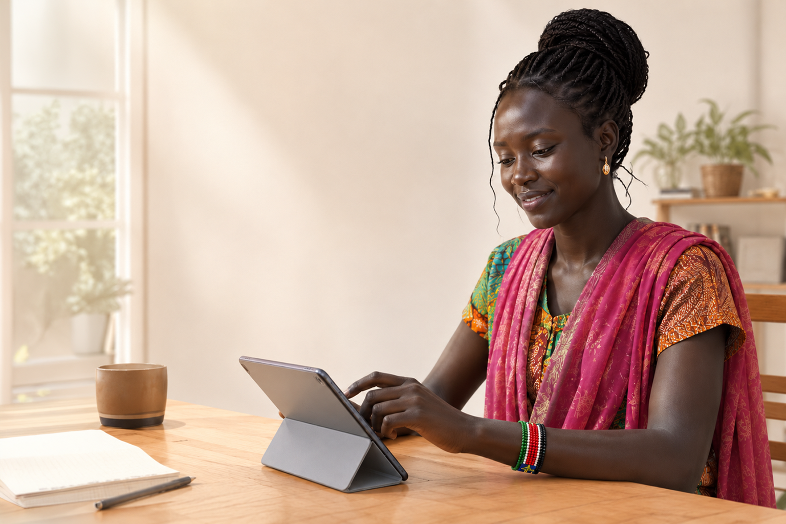 A smiling South Sudanese woman practicing English on a tablet.